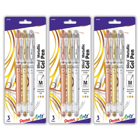 Pentel Slicci Metallic Gel Pen, Medium 0.8mm Needle Tip, Assorted, 3PK BG208BP3M