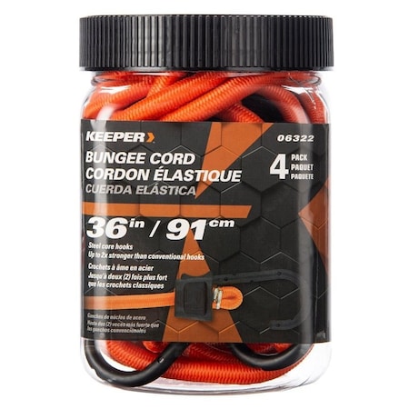 Keeper Bungee Cord, 36 in L, Rubber, Orange, Hook End 06322