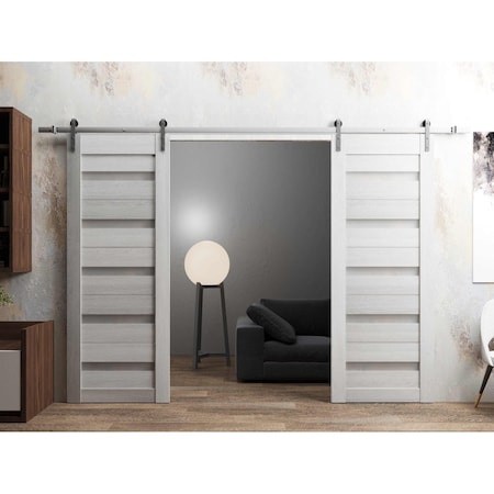 Sartodoors Sturdy Dbl Barn Door 60 x 84in, Light Grey Oak W/ Frosted Glass, SS 13FT Rail Hangers Heavy Set QUADRO4445DB-S-OAK-6084