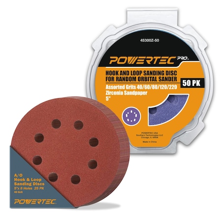Powertec 5in Hook & Loop Sanding Discs, Zirconia, 40/60/80/120/220 Grit, 50PK & 5in 8Hole Sanding Disc, 25PK 45302ZN