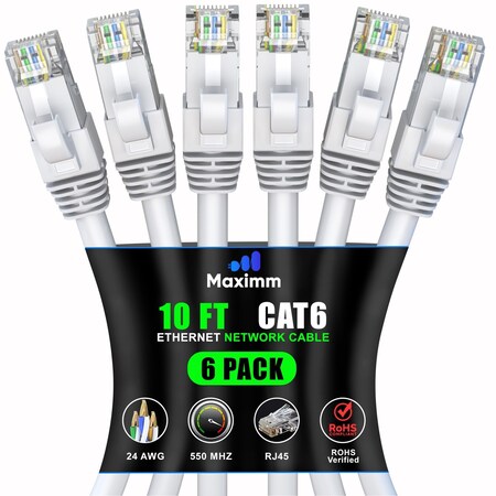 Maximm Cat6 Ethernet Cable 10ft 10Gbps 550MHz UTP, 6PK, White, 6PK WH6PK11