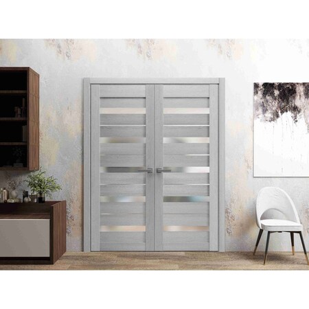 Sartodoors Solid French Double Doors 36 x 80in, Quadro 4445 Light Grey Oak W/ Frosted Glass QUADRO4445DD-OAK-36
