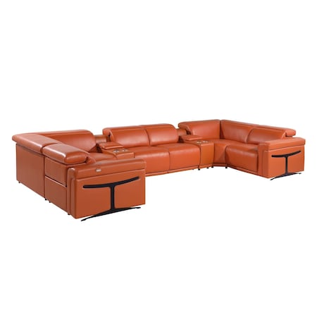 Homeroots Camel Italian Leather Power Reclining U Shaped Eight Piece Corner Sectional With Console 634676