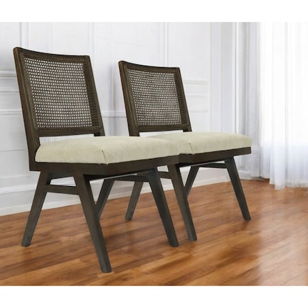 Homeroots Set of Two Dark Brown And Gray Wood Cane And Upholstery Dining Side Chairs 576834