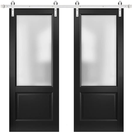 Sartodoors Sturdy Double Barn Door with, Lucia 22 Matte Black with Frosted Glass, 13FT Rail Hangers Heavy Set LUCIA22DB-S-BLK-7284