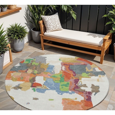 Homeroots 8' Ivory Pink And Green Round Abstract Washable Indoor Outdoor Area Rug 599582