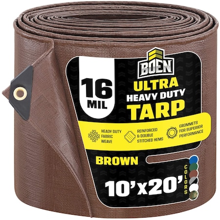 Boen Ultra Heavy Duty Tarp, 10 ft x 20 ft, 16 Mil, Brown, Polyethylene BR16T-1020