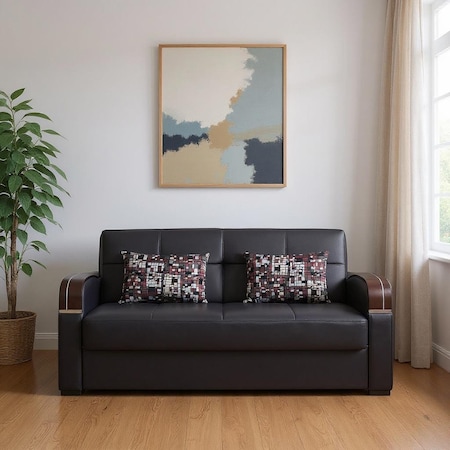 Homeroots 74" Black Faux Leather Convertible Futon Sleeper Sofa And Toss Pillows With Storage 607182