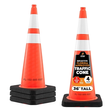 Xpose Safety FDOT 36 Inch Orange Traffic Cone with 6in & 4in Reflective Collars 12lb, Florida DOT #, 4PK OTC36-64-FL-4-X-S