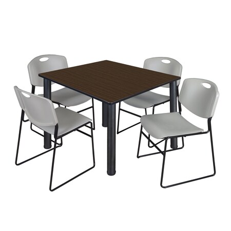 Regency Square Kee Breakroom Table W/ 4 Zeng Stack Chairs, 48 in W, 48 in L, Neo Walnut TB4848NWBPBK44GY