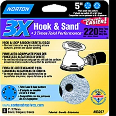 Tool Time 3227 5 in. 5 & 8 Hole P220 3x Hook & Loop Discs, 3PK TO3574446