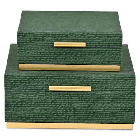 Homeroots Set of Two Green And Gold Striped Square Nesting Storage Boxes With Lids, 2PK 712927