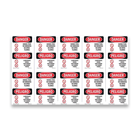 OSHA Danger Sign, Diesel Fuel No Smoking Bilingual, 5in X 3.5in Decal, 10PK, OS-DS-D-35-VI-1124-10PK