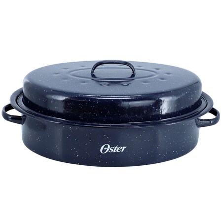 Oster Castillo 17.7 x 13.8 Inch Enamel on Steel Roaster Pan with Lid in Navy Blue 143748.02