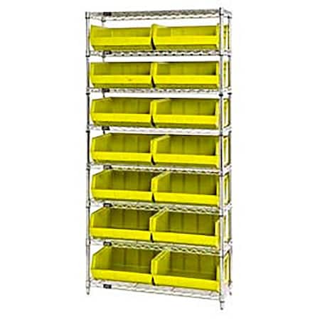 Global Industrial Chrome Wire Shelving With 14 Giant Plastic Stacking Bins Yellow, 36x14x74 268929YL