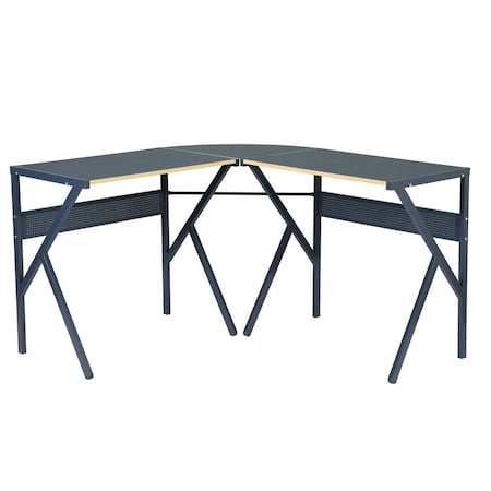 Homeroots 49" Black Wood and Metal Corner H-Shape Computer Desk 568031