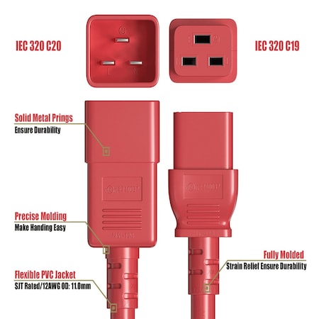 Sanoxy 8ft 12 AWG 20A 250V Heavy Duty Power Cord IEC320 C20 to IEC320 C19, Red SNX-CBL-LDR-PW132-7208