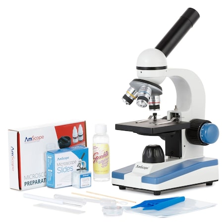 Amscope M150 Portable Student Monocular Compound Microscope 40X-1000X w/LED, Slide Preparation Kit, 50 Blank M150C-SP14-CLS-50P100S