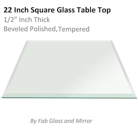 Fab Glass And Mirror 22in in Square 1/2in Thick Bevel Polish Tempered Radius Corners Glass Table Top, 22inch, Clear 22SQR12THBEAN