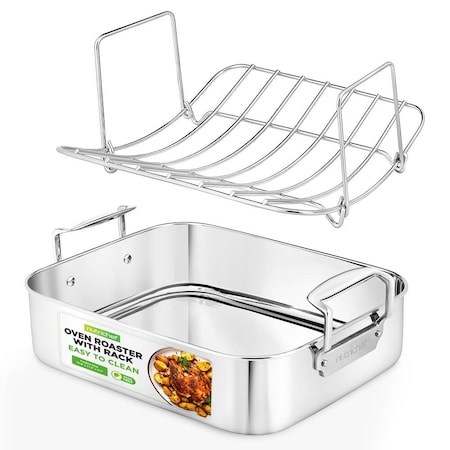 Nutrichef 14-Inch Stainless Steel Kitchen Roasting Pan with Polished Wire Rack NCTURKSS78