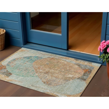 Homeroots 3' X 5' Teal Blue And Copper Abstract Washable Indoor Outdoor Area Rug 615716