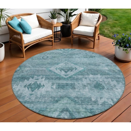 Homeroots 8' Teal Blue And Aqua Round Southwestern Washable Indoor Outdoor Area Rug 588734