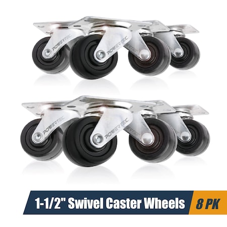 Powertec 1-1/2 in. Swivel Plate Caster Wheels, Low Profile, Rubber Base Castor Wheels, 8PK 17209-P2