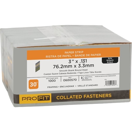 Pro-Fit 3'' x 0.131'' 30 Degree Paper Tape Smooth Shank Round Head Brite Framing Stick Nails, 1000 Ct. 600570