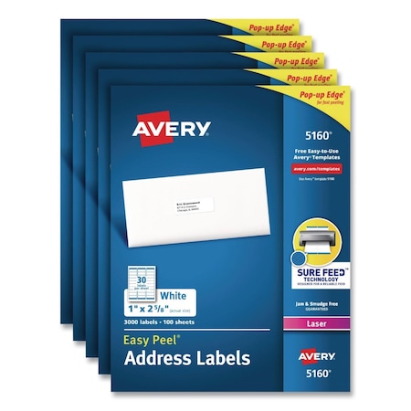Avery Easy Peel White Address Labels with Sure Feed Technology, Laser, 1 x 2.63, 15000PK 5160CT