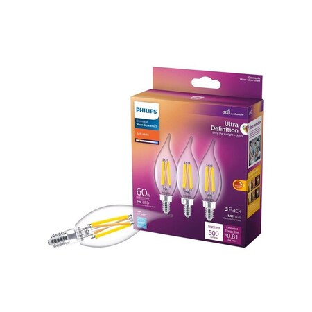 Philips LED Bulb BA11 E12 (Candelabra) Soft White 60 Watt Equivalence Clear, 3PK 566687