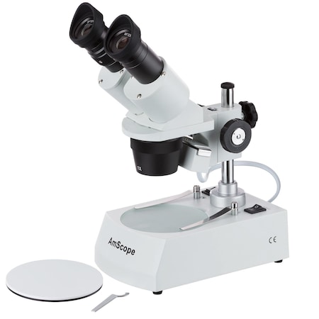 Amscope SE305 Compact Multi-Lens Binocular Stereo Microscope 10X-30X w/Angled Head, Metal Pillar Stand, Top & SE305R-P