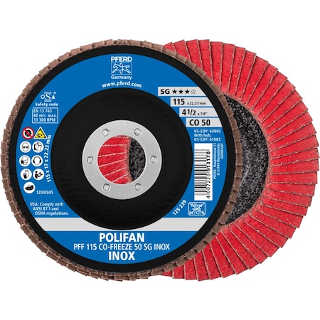 Pferd 4-1/2'' x 7/8'' A.H. POLIFAN Flap Disc - CO-FREEZE SG INOX, Ceramic oxide, 50 Grit, Flat 60805