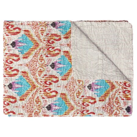 Homeroots 50" X 70" Beige And Pink Ikat Cotton Quilted Kantha Throw Blanket with Embroidery 544548