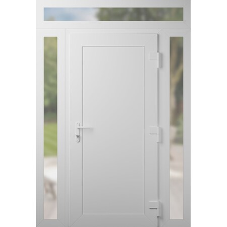 Vdomdoors Front Exterior Prehung Metal-Plastic Door, Manux 8111 White Silk, 2 Side and Top Sidelite Transom,  MANUX8111EXD-WS-W16+36+16xH80+14-LH