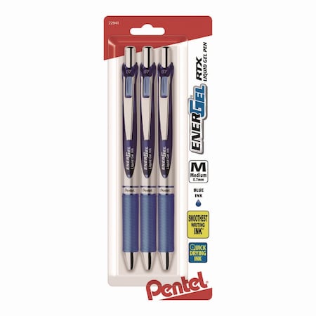 Pentel EnerGel RTX Gel Pen, Retractable, Medium 0.7 mm, Blue Ink, Blue/Silver Barrel, 3PK BL77BP3C