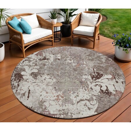Homeroots 8' Taupe Ivory And Brown Round Damask Washable Indoor Outdoor Area Rug 596401
