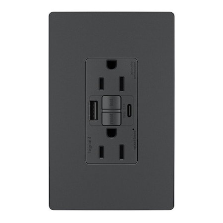 Legrand GFCI-USB, 20 A, 125V AC, Black, Plastic 2097NTLTRBK