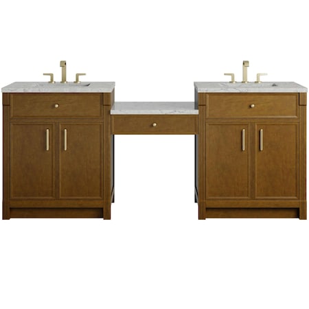 James Martin Vanities Bellshire 84" Dual Vanity Set w/24" Make-Up Counter, Honey Oak w/3 cm Eternal Jasmine Pearl Sileston 660-VMC84-HNO-3EJP