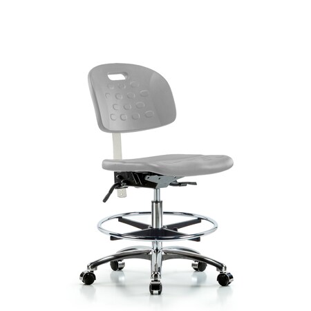 Blue Ridge Ergonomics CL100CleanRoom Chair - Medium Bench Height with Seat Tilt, Chrome Foot Ring, & Casters in Gray Poly CLR-HPMBCH-CR-T1-A0-CF-CC-GRY