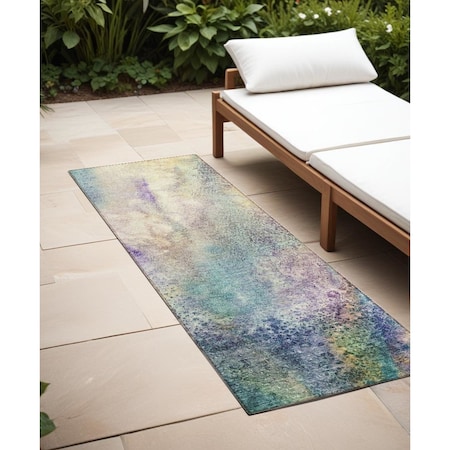 Homeroots 8' Runner Beige Blue and Gray Abstract Washable Non Skid Indoor Outdoor Runner Rug 559560