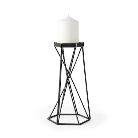 Homeroots 11" Black Distressed Geometric Metal Tabletop Pillar Candle Holder 608392