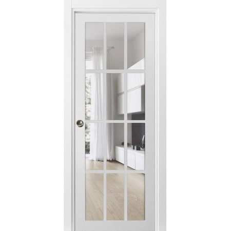 Sartodoors Sliding French Pocket Door with Clear Glass 12 Lites, Felicia 3355 White Silk, Kit Trims Rail Hard FELICIA3355PD-WS-3096