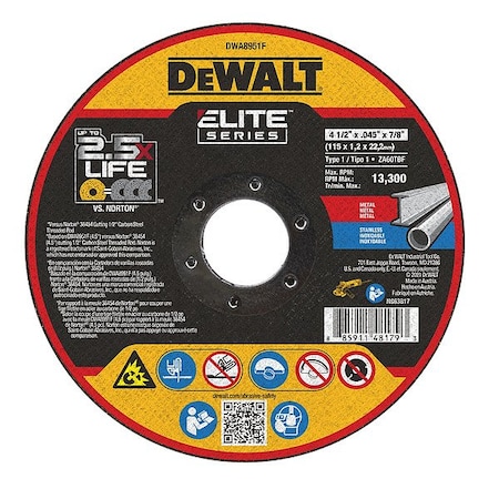 Dewalt Abrasive Cut-Off Wheel, Type 1, 4 1/2 in Dia, 0.045 in Thick, 7/8 in Arbor Hole Size, Ceramic DWA8951F
