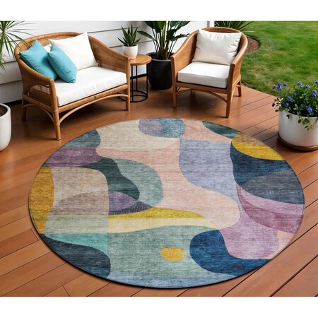 Homeroots 8' Green Purple And Pink Round Abstract Washable Indoor Outdoor Area Rug 604440