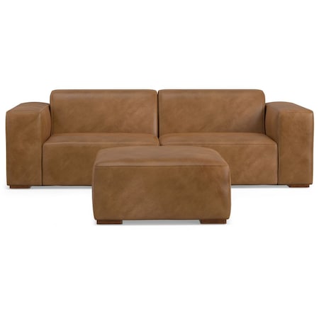 Homeroots 88" Brown Leather Wood Sofa With Ottoman 641068