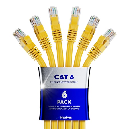 Maximm Cat6 Ethernet Cable 50ft 10Gbps 550MHz UTP, 6PK, Yellow, 6PK CAT6CCA-50YL-6PK