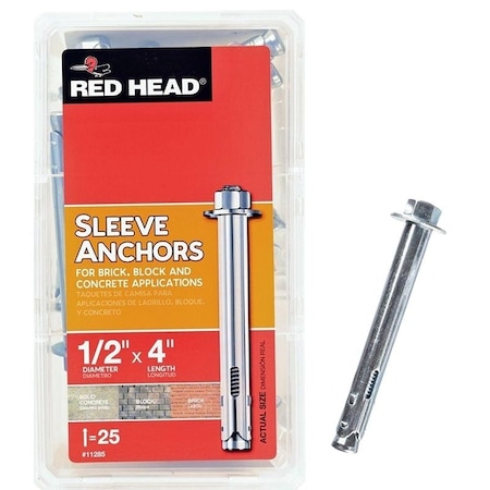 Red Head Sleeve Anchor, 1/2" Dia., 4" L, Steel Zinc Plated 11285