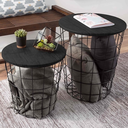 Lavish Home Set of 2 End Tables Nesting Tables with Removable Wood Tops, Metal Basket Bases 80-ENDTBL-21