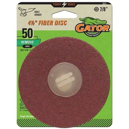 Gator Fiber Disc, 4-1/2 in Dia, 50 Grit, Coarse, Aluminum Oxide Abrasive, Fiber Backing 3072