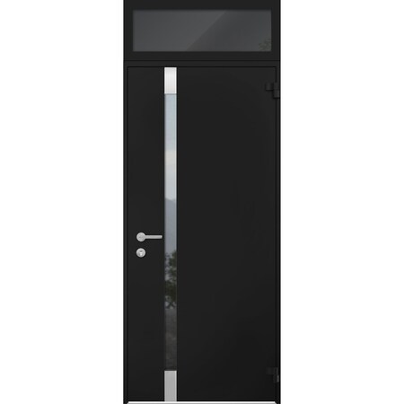 Vdomdoors Steel Door Cynex 6777 Black Transom Window Stainless Inserts Single Modern Painted-W32xH80+16-Right CYNEX6777EXD-BLK-W32 x H80+16-Right-hand Outswing